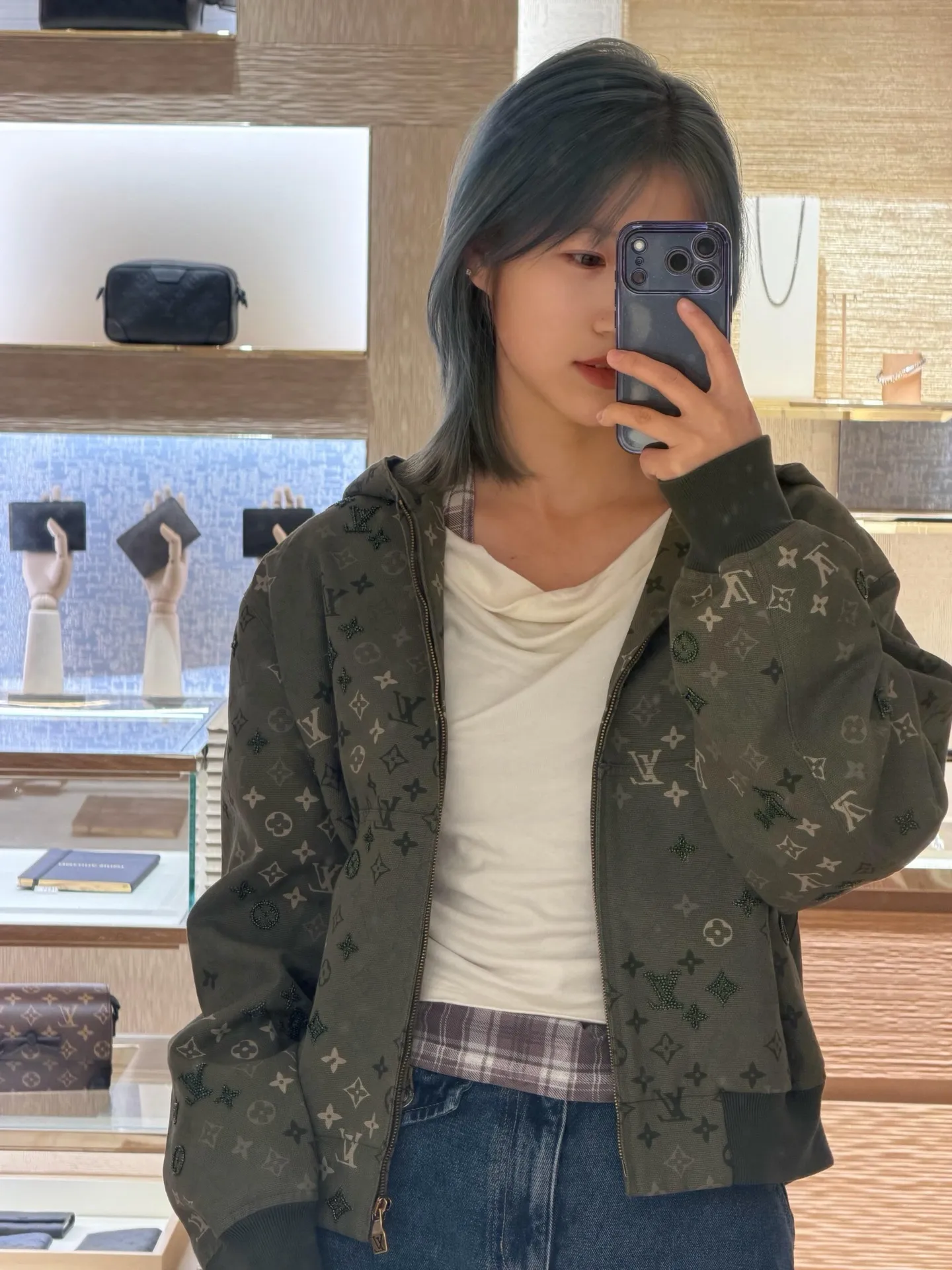 Louis Vuitton/Louis Vuitton Presbyopia printed beaded denim hooded jacket